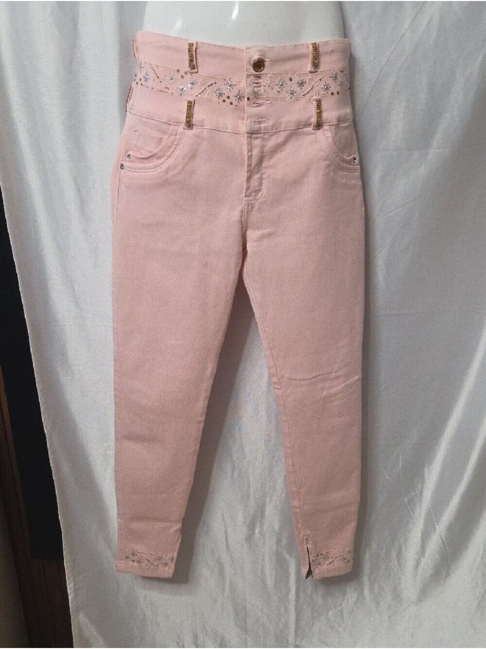 Skinny Jeans in Light Pink with Embellished Waistband Size 6 [1799]